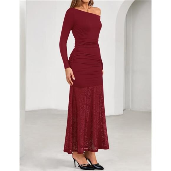 Women's Long Sleeve Off Shoulder Maxi Dress Red - Picture 5 of 6